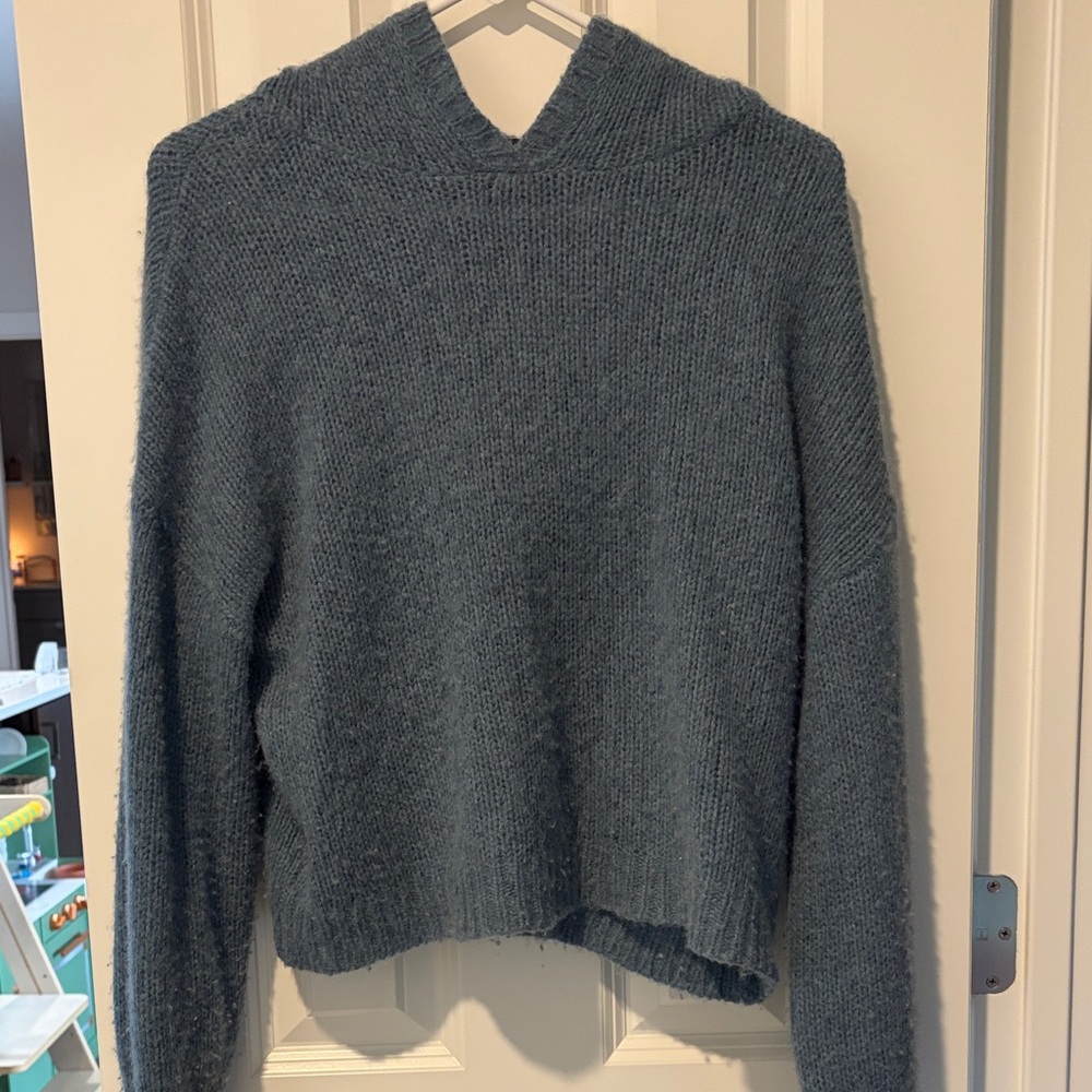 360 Cashmere Slate Blue V-Neck Hoodie Sweater